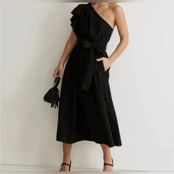 Madewell Ruffled One-Shoulder Midi Dress Black With Bow Size 0 - Picture 3 of 11